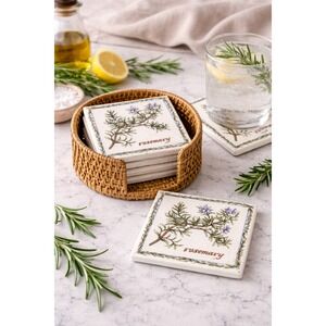 Jeffrey Court Rosemary Botanical Ceramic Tile Coasters Cork Back Set of 5 White